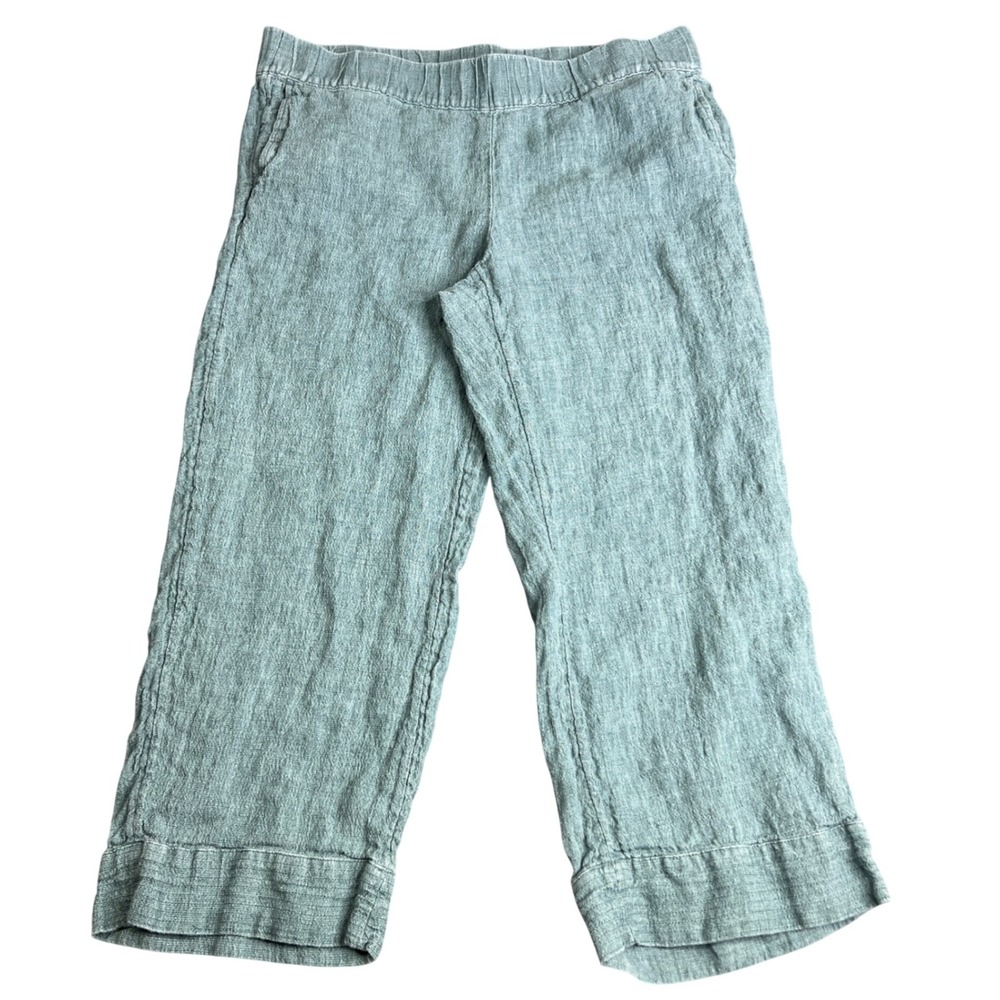 Pure Jill Linen Crop Pants Womens Medium Teal Green Wide Leg Elastic Waist